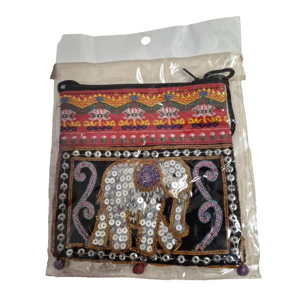 Elephant Sequined Coin Purse Crossbody Bag Boho Festival Thai Hippie Pink 5x4.5